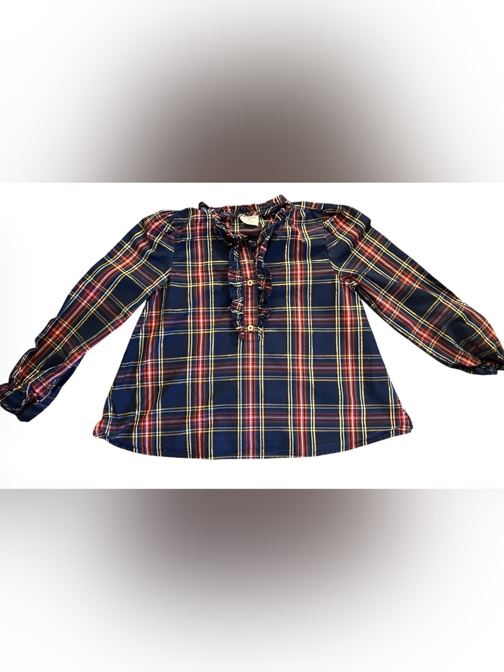 J. Crew Crew Cuts Girls Navy Plaid Ruffle-Front Long Sleeve Top Sz M
